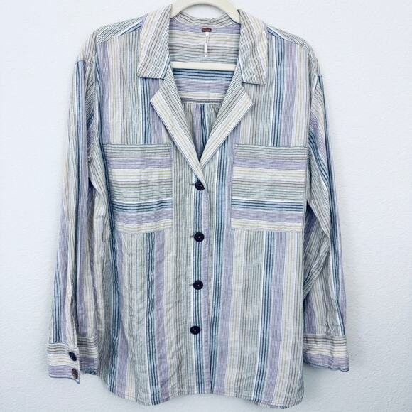 Free People Womens High Tide Button Top Shirt Size M Cotton Blend Stripe Pastel - Picture 1 of 8